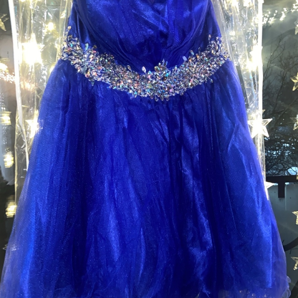 strapless royal blue prom dress